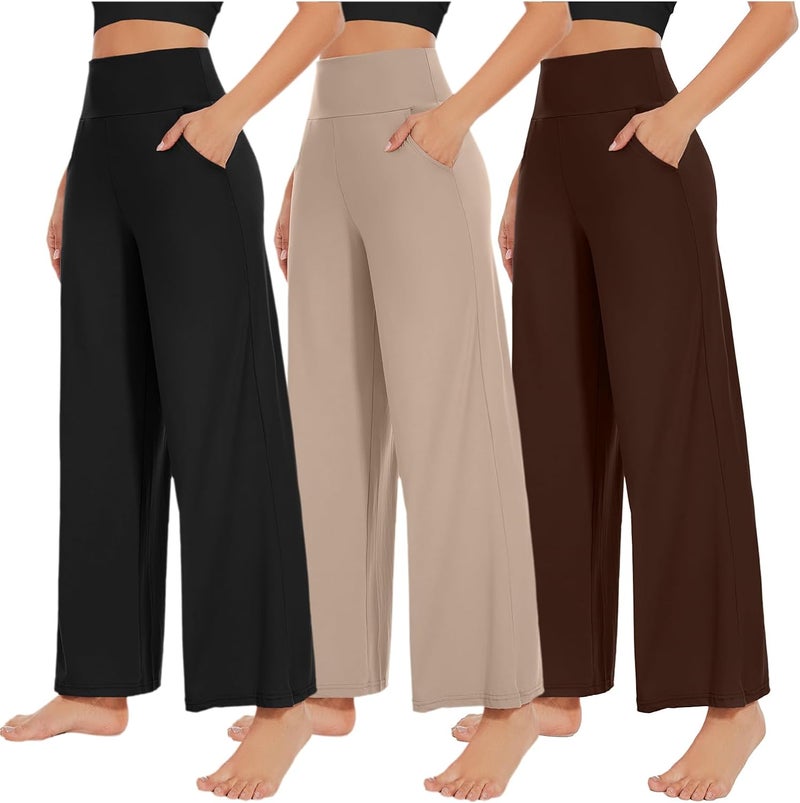 NEW YOUNG 3 Pack Women's Wide Leg Pants with Pockets High Waist Loose Sweatpants Casual Lounge Yoga Workout Palazzo - Image 1